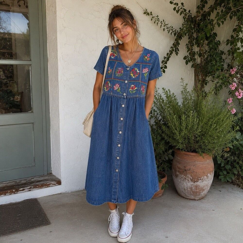 Vintage Bechamel Embroidered Denim Dress Women's S/M Floral Boho Midi Cottage